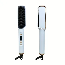 Professional Ionic Hair Straightening Brush, Fast Heating Ceramic With Auto Lock & Shutoff, Anti-Scald, 110V With LED Screen, 30 Temperature Sett (Option: White)