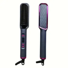 Professional Ionic Hair Straightening Brush, Fast Heating Ceramic With Auto Lock & Shutoff, Anti-Scald, 110V With LED Screen, 30 Temperature Sett (Option: Gray)