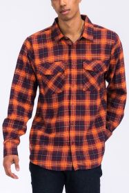 Regular Fit Checker Plaid Flannel Long Sleeve (Color: ORANGE NAVY, size: M)