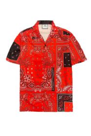 Mens Collared Print Button Down (Color: RED BLACK, size: L)