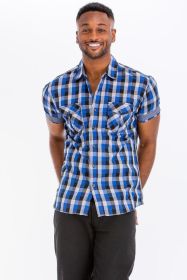 Mens Checkered Button Down Shirt (Color: Blue, size: L)