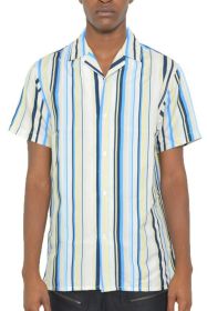 Mens Short Sleeve Button Down (Color: BLUE YELLOW, size: M)