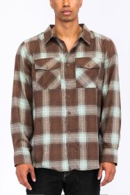 Regular Fit Checker Plaid Flannel Long Sleeve (Color: BROWN GREEN, size: L)