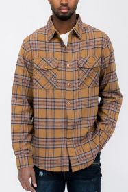LONG SLEEVE FLANNEL FULL PLAID CHECKERED SHIRT (Color: MOCHA SKY, size: M)