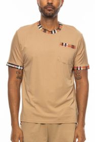Checkered Short Sleeve Tee (Color: KHAKI, size: 2XL)