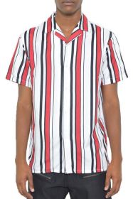 MENS SHORT SLEEVE STRIPED BUTTON DOWN SHIRT PRINT (Color: WHITE RED, size: 2XL)