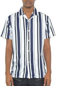 MENS SHORT SLEEVE STRIPED BUTTON DOWN SHIRT PRINT (Color: WHITE NAVY, size: XL)