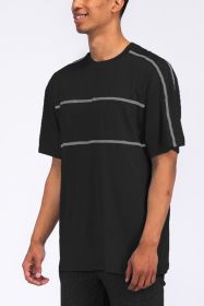 ROUND NECK TAPE STRIPE TSHIRT (Color: Navy, size: L)