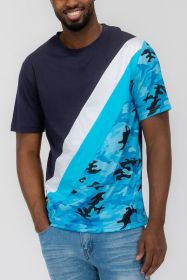 SHORT SLEEVE CAMO COLOR BLOCK TSHIRT (Color: Navy, size: XL)